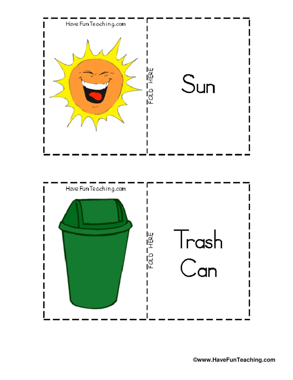 Earth Day vocabulary flashcards 13–14: Sun and Trash Can, with pictures of a smiling sun and a green trash can