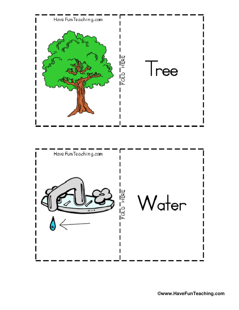 Earth Day vocabulary flashcards 15–16: Tree and Water, with a leafy tree and a faucet dripping water