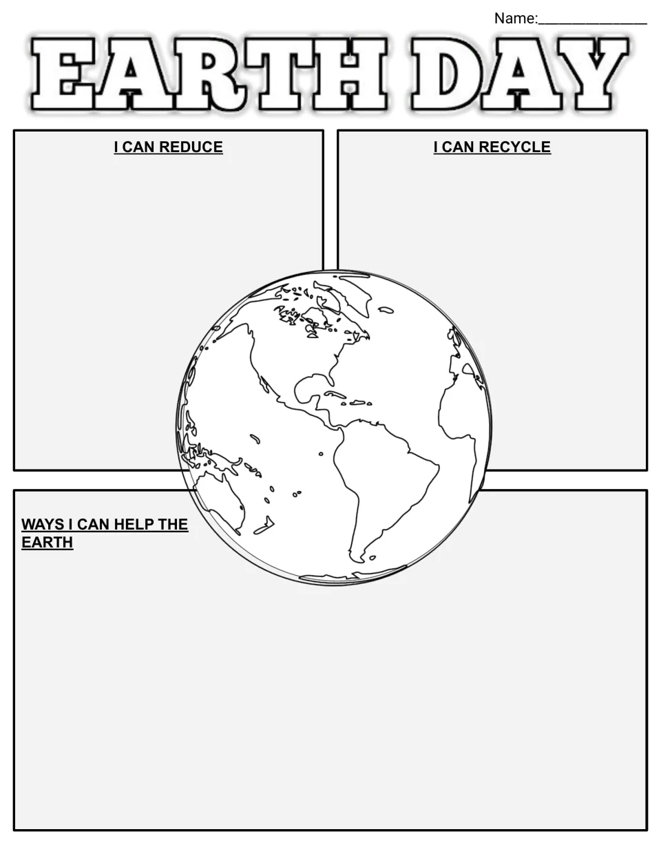 Earth Day reduce and recycle organizer: students list ideas under I Can Reduce, I Can Recycle and Ways I Can Help the Earth