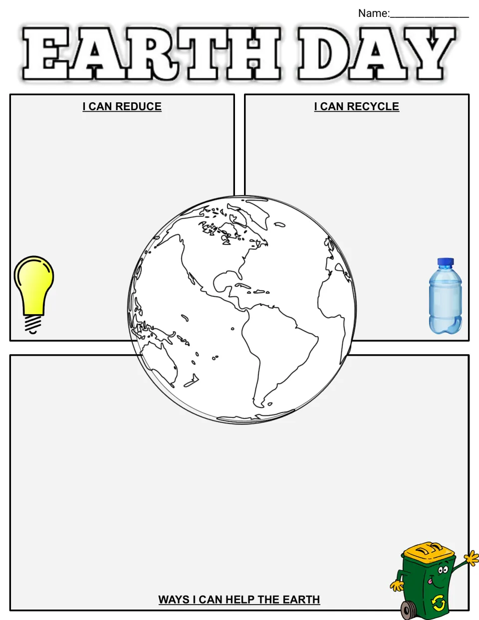 Illustrated reduce and recycle organizer with light bulb, bottle and recycling bin art; students list ways to help Earth