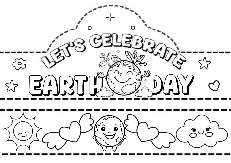 Let's Celebrate Earth Day crown to color and cut out, with a smiling globe and a band of sun, winged hearts and a cloud