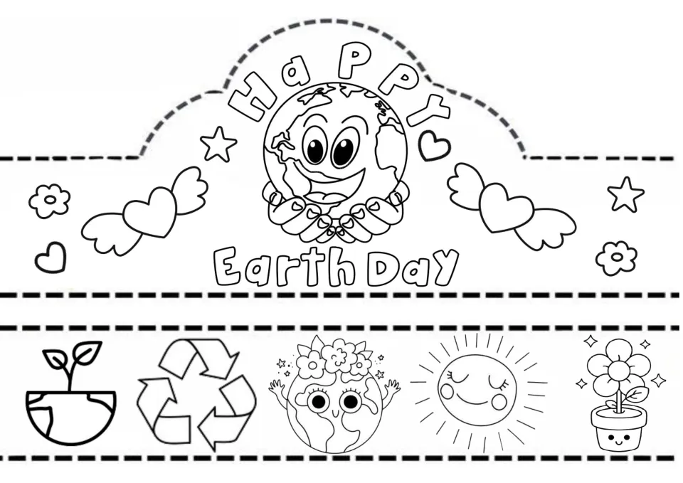Happy Earth Day crown to color: a globe held in hands, and a band with a sprout, recycling sign, sun and flower