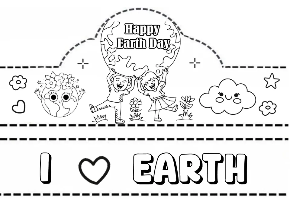I Love Earth headband to color: two children lift a Happy Earth Day globe between a flower-crowned Earth and a cloud