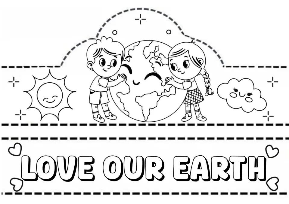 Hug the planet crown to color: a boy and girl embrace a smiling Earth beside a sun and cloud, with a Love Our Earth band