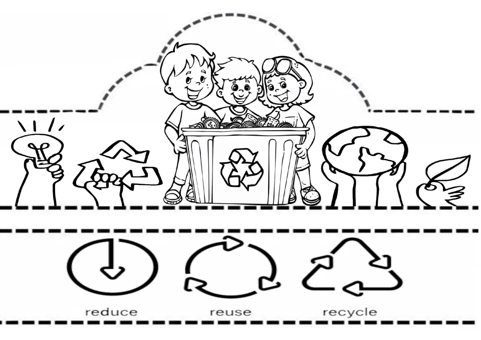 Reduce, reuse, recycle headband to color: children carry a recycling bin, and the band shows the three labeled symbols