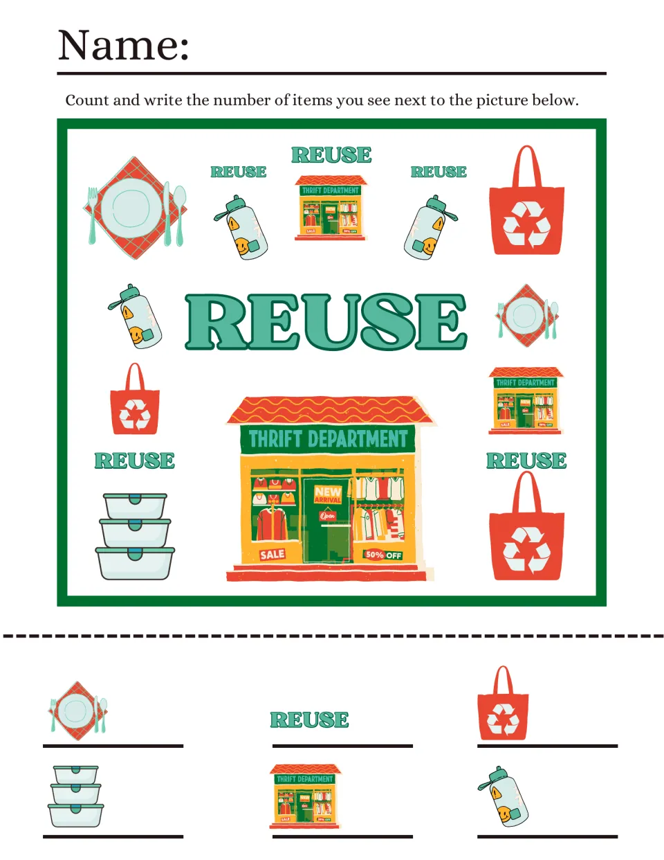 Reuse I spy: students count plates, tote bags, bottles, food containers, thrift shops and REUSE words, then write totals