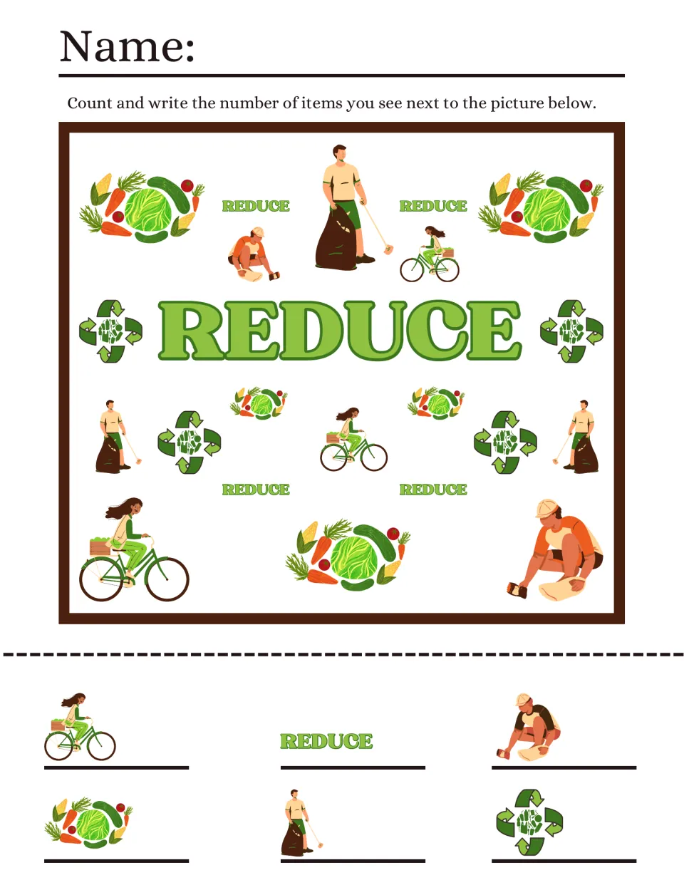 Reduce I spy: students count cyclists, vegetable bundles, litter pickers, recycle symbols and REDUCE words, writing totals