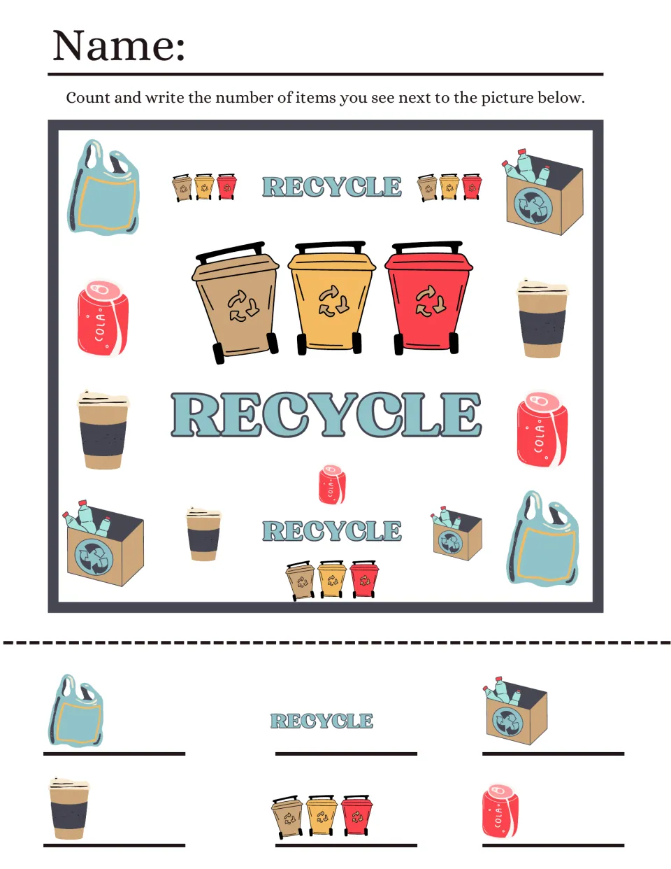 Recycle I spy: students count bags, cola cans, coffee cups, bottle boxes, bin sets and RECYCLE words, writing totals
