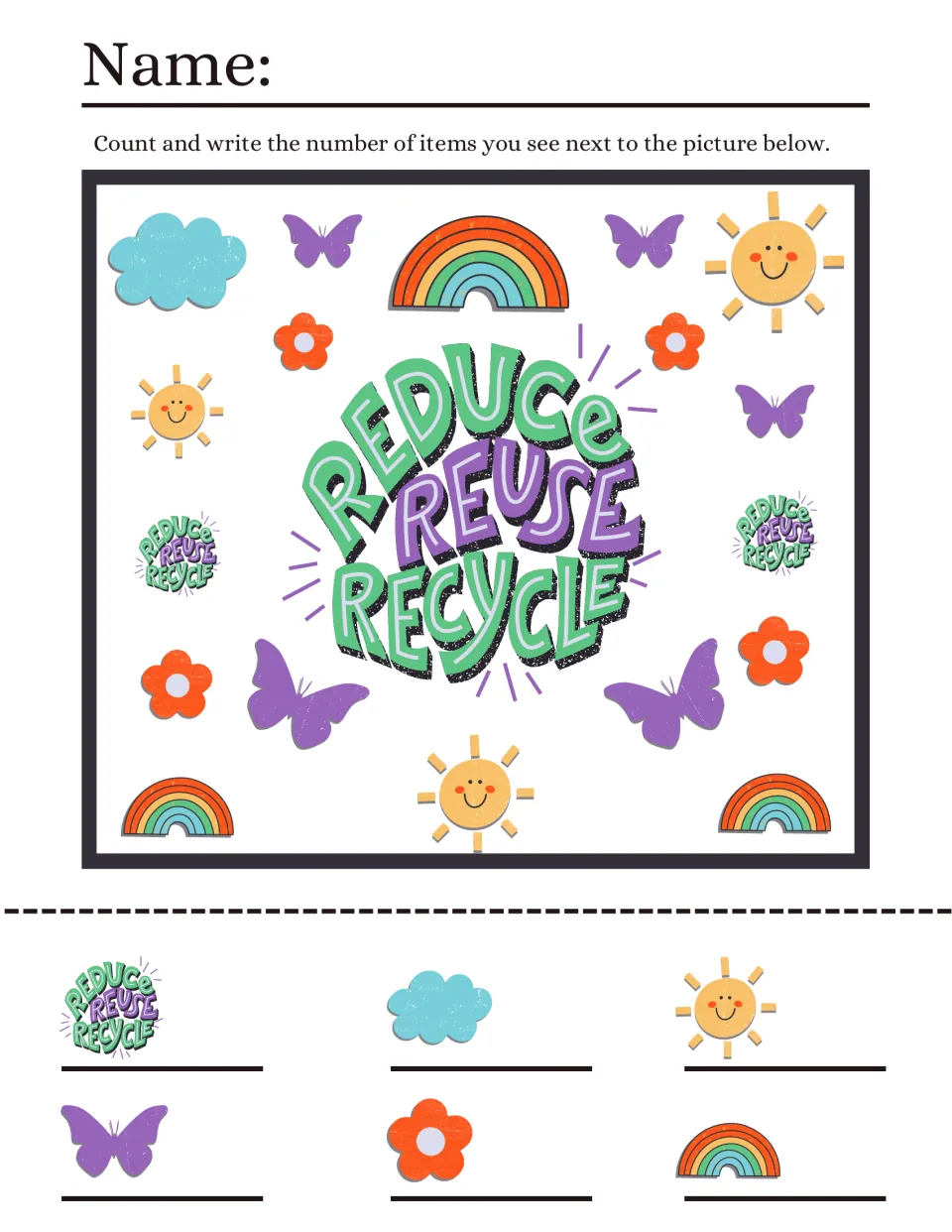 Reduce Reuse Recycle I spy: students count butterflies, flowers, suns, clouds, rainbows and slogan badges, writing totals