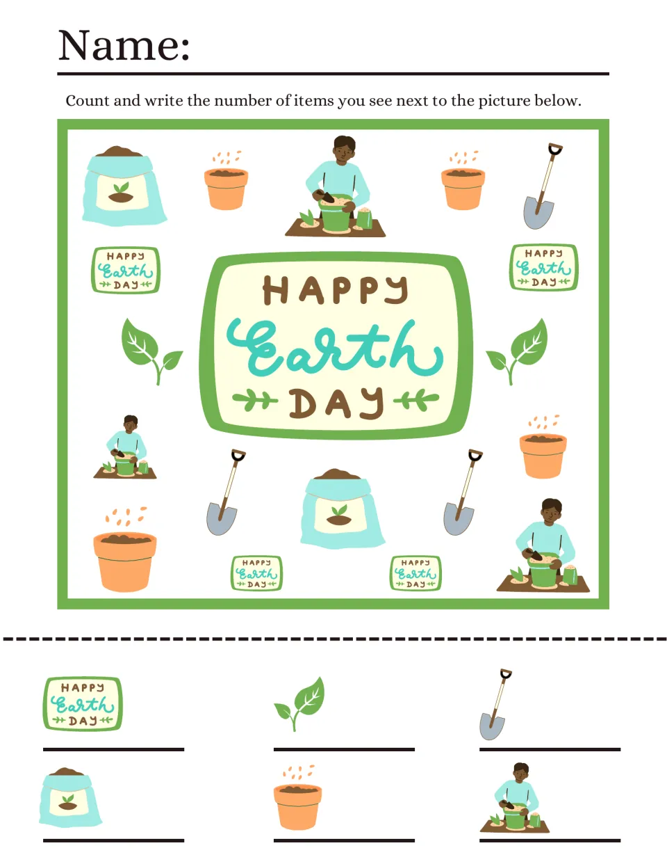 Happy Earth Day I spy: students count shovels, leaves, pots, soil bags, gardeners and signs, then write each number