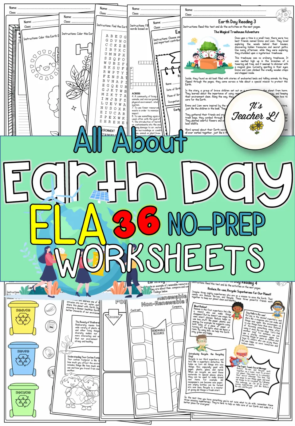 All About Earth Day ELA cover: 36 no-prep worksheets shown, incl. coloring, word search, crossword and reading passages