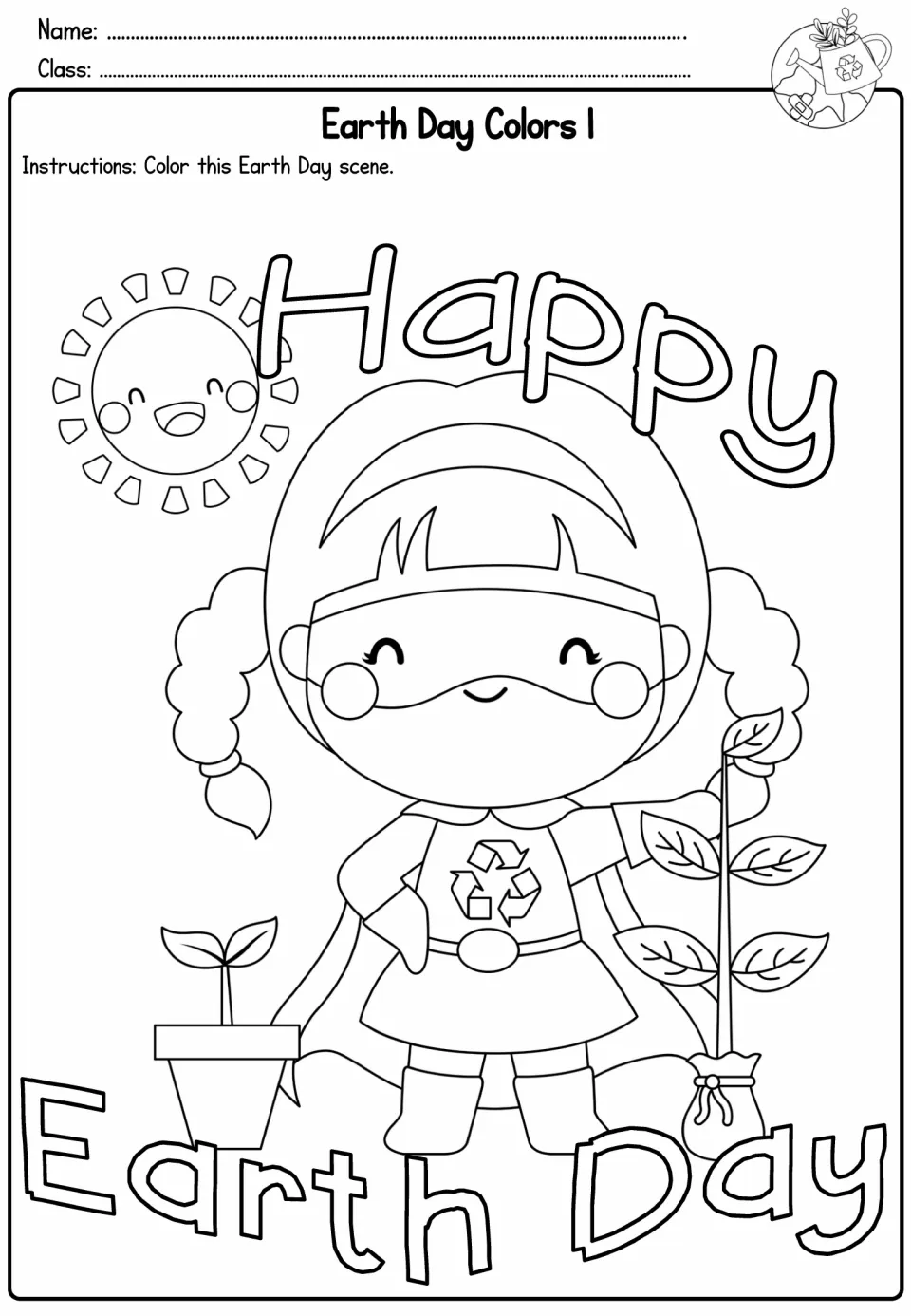 Earth Day Colors 1: students color a masked child superhero holding a sapling beside a potted sprout and a smiling sun