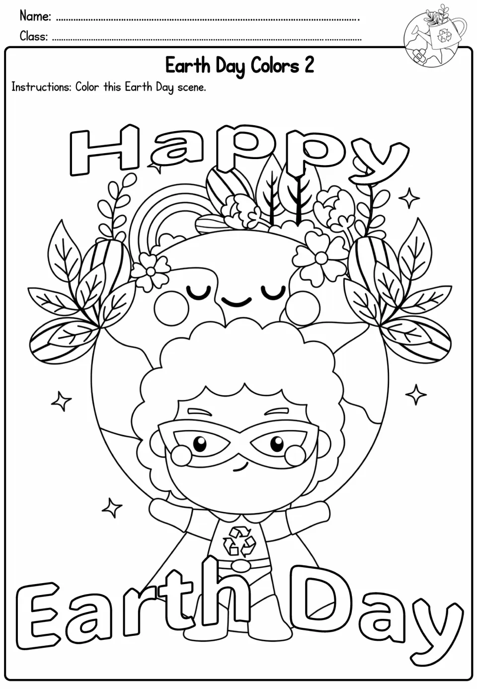 Earth Day Colors 2: students color a caped child hero before a smiling globe crowned with flowers, leaves and a rainbow