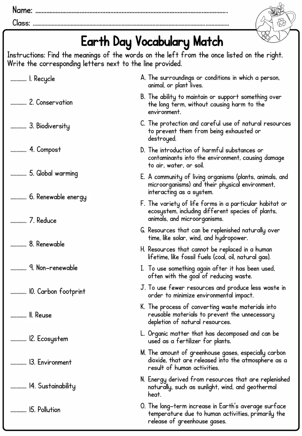 Earth Day vocabulary match: students write the letter of the definition by 15 terms like recycle, compost and ecosystem