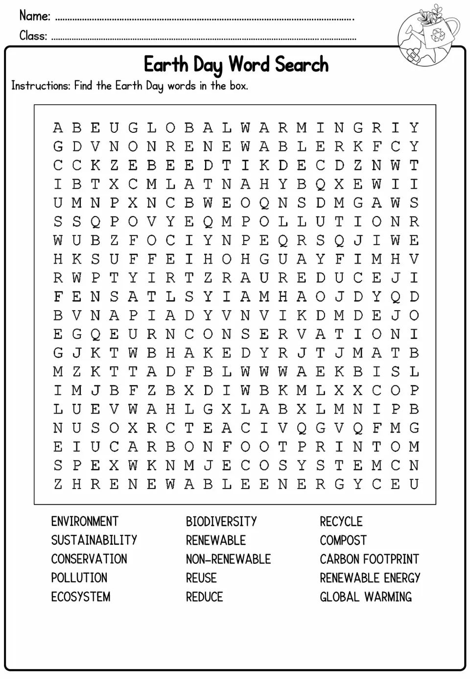Earth Day word search: students find 15 environment words such as sustainability, pollution and carbon footprint