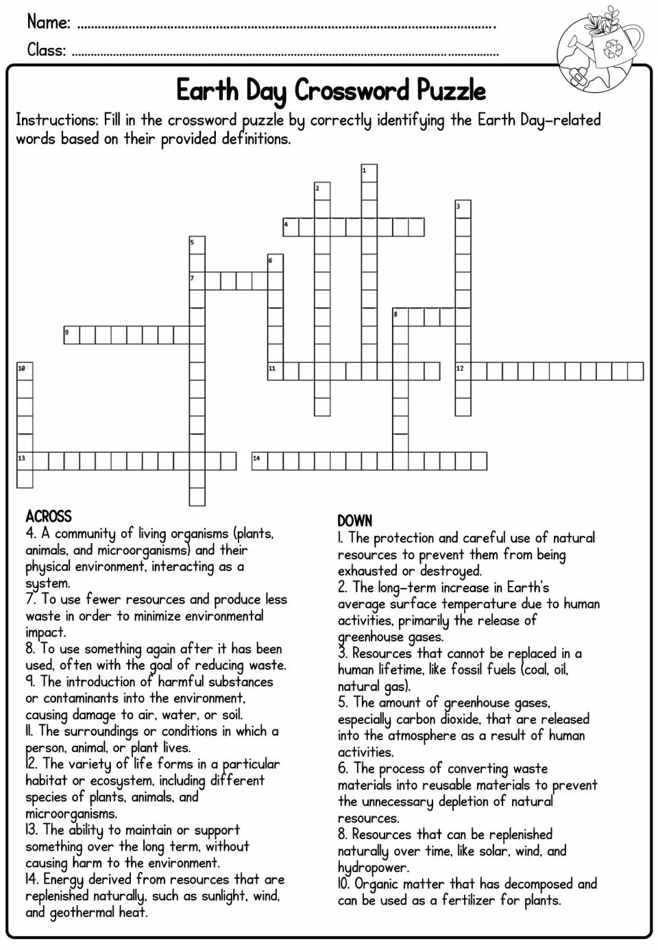 Earth Day crossword: students solve across and down clues defining terms like ecosystem, reduce and global warming