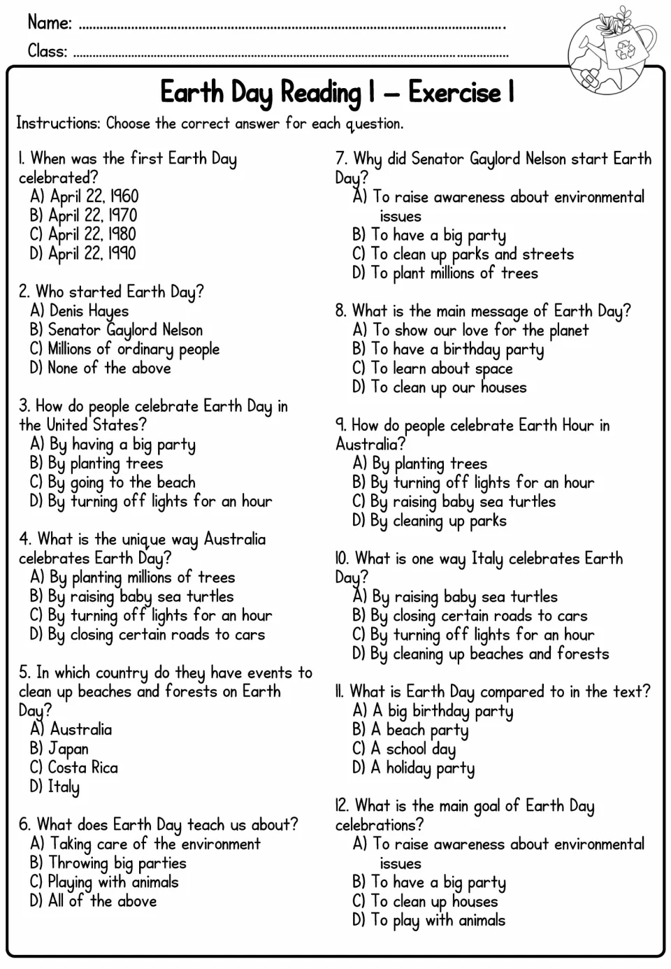 Reading 1 Exercise 1: students answer 12 multiple-choice comprehension questions, such as who started Earth Day