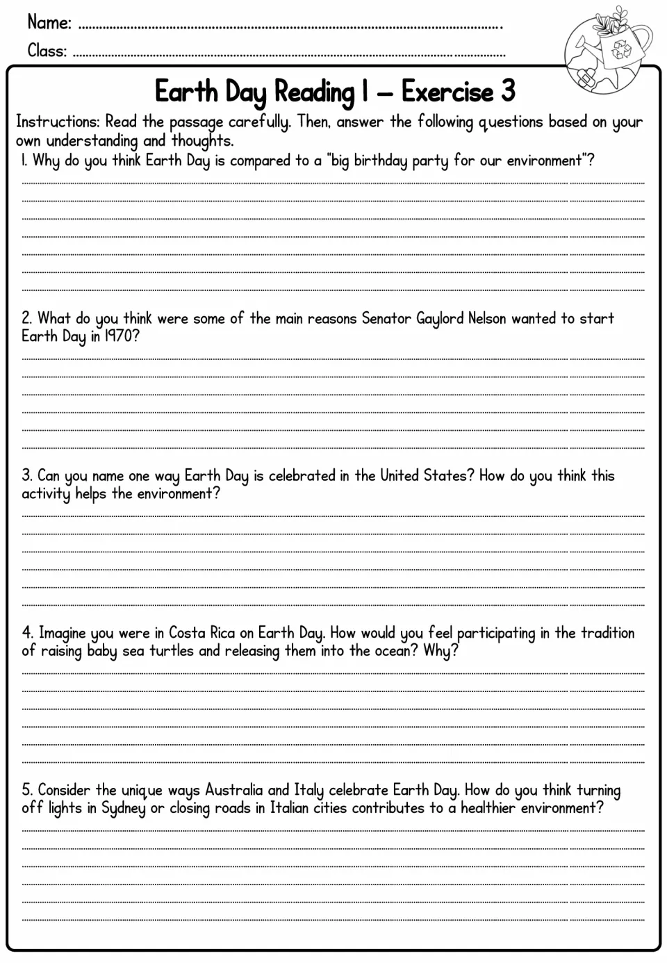 Reading 1 Exercise 3: five open-response questions asking students to explain and reflect on Earth Day traditions