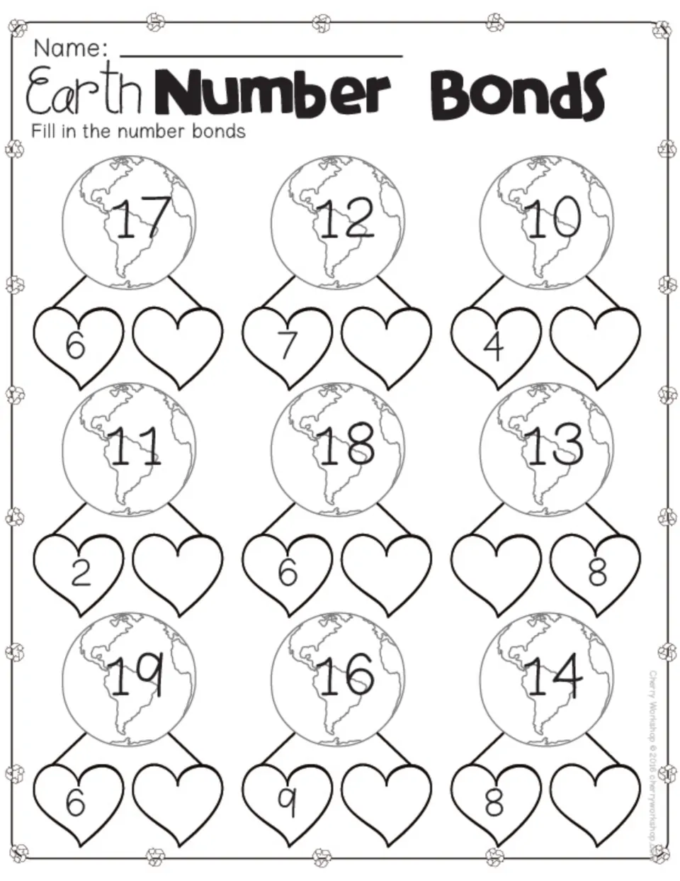 Number bond practice page 1: fill in nine missing parts for totals 17, 12, 10, 11, 18, 13, 19, 16, and 14.