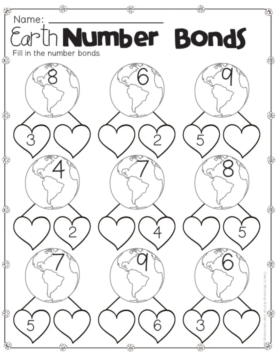 Number bond practice page 2: fill in nine missing parts for totals 8, 6, 9, 4, 7, 8, 7, 9, and 6.