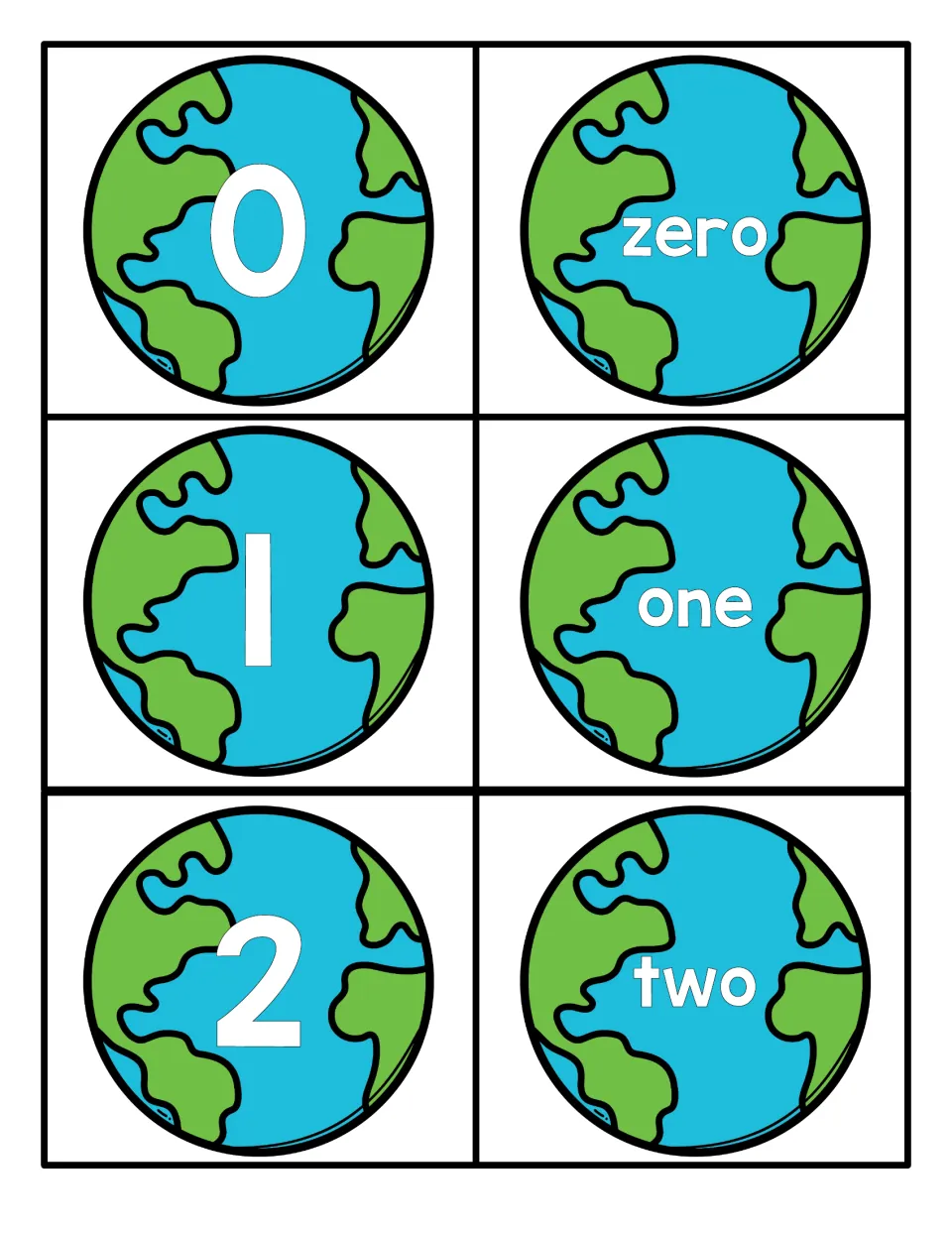 Numbers 0 to 2 on globe cards: numerals 0, 1 and 2 beside the words zero, one and two for matching numerals to words