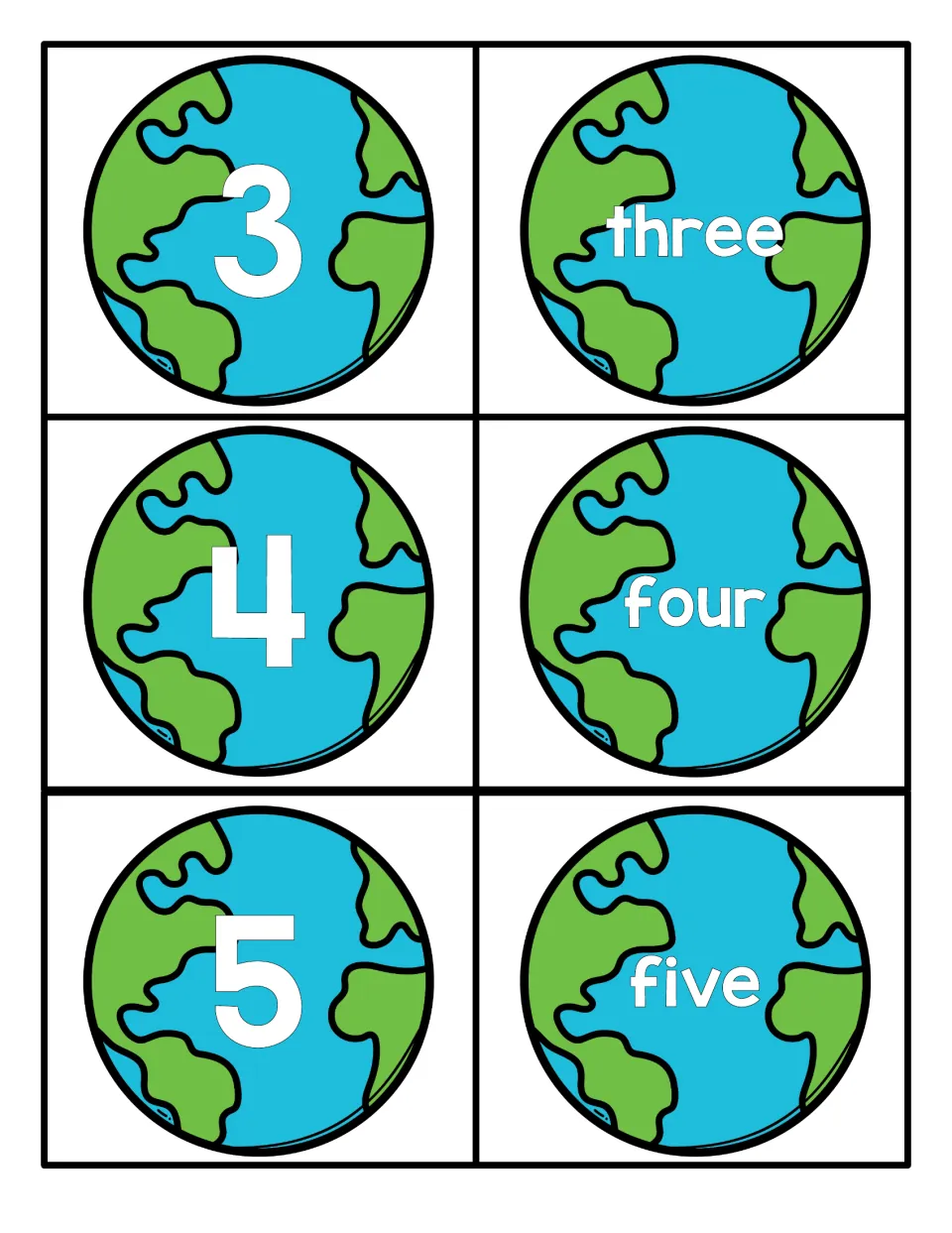 Numbers 3 to 5 on Earth globe cards: numerals 3, 4 and 5 paired with three, four and five for numeral and word matching