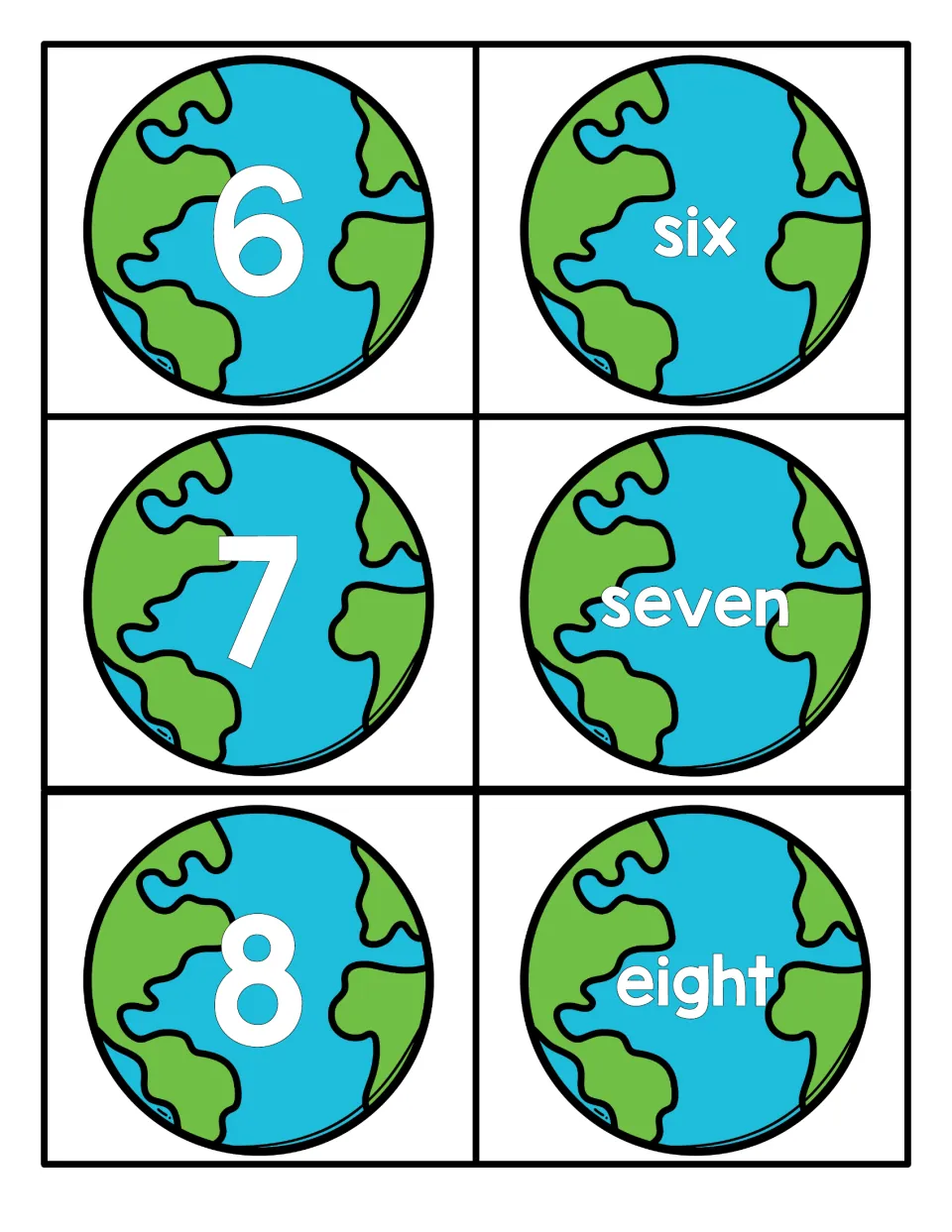 Numbers 6 to 8: globe cards show numerals 6, 7 and 8 and the words six, seven and eight so students match numeral to word
