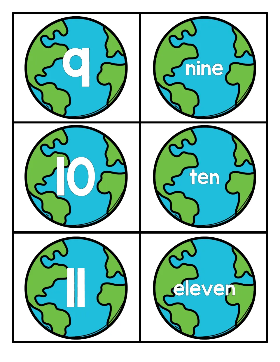 Numbers 9 to 11 on Earth cards: numerals 9, 10 and 11 alongside nine, ten and eleven for practising number word recognition