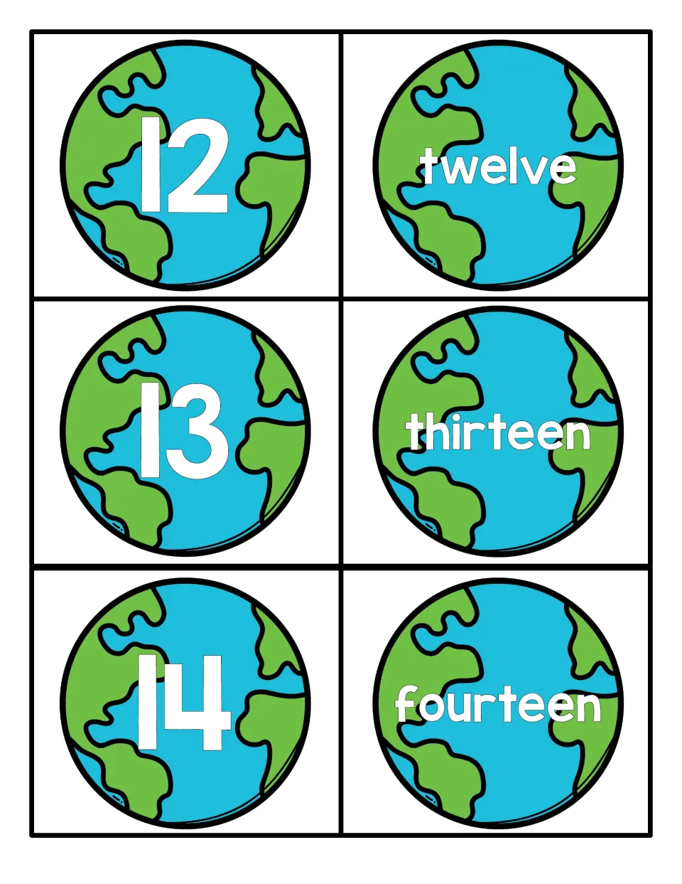 Teen numbers 12 to 14: globe cards with numerals 12, 13 and 14 and the words twelve, thirteen and fourteen to pair up