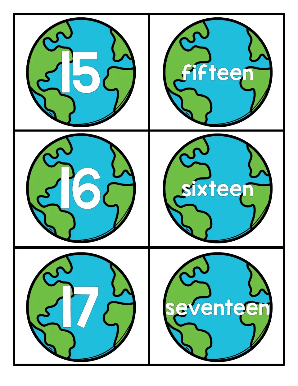 Teen numbers 15 to 17 on globe cards: numerals 15, 16 and 17 shown with fifteen, sixteen and seventeen for word matching
