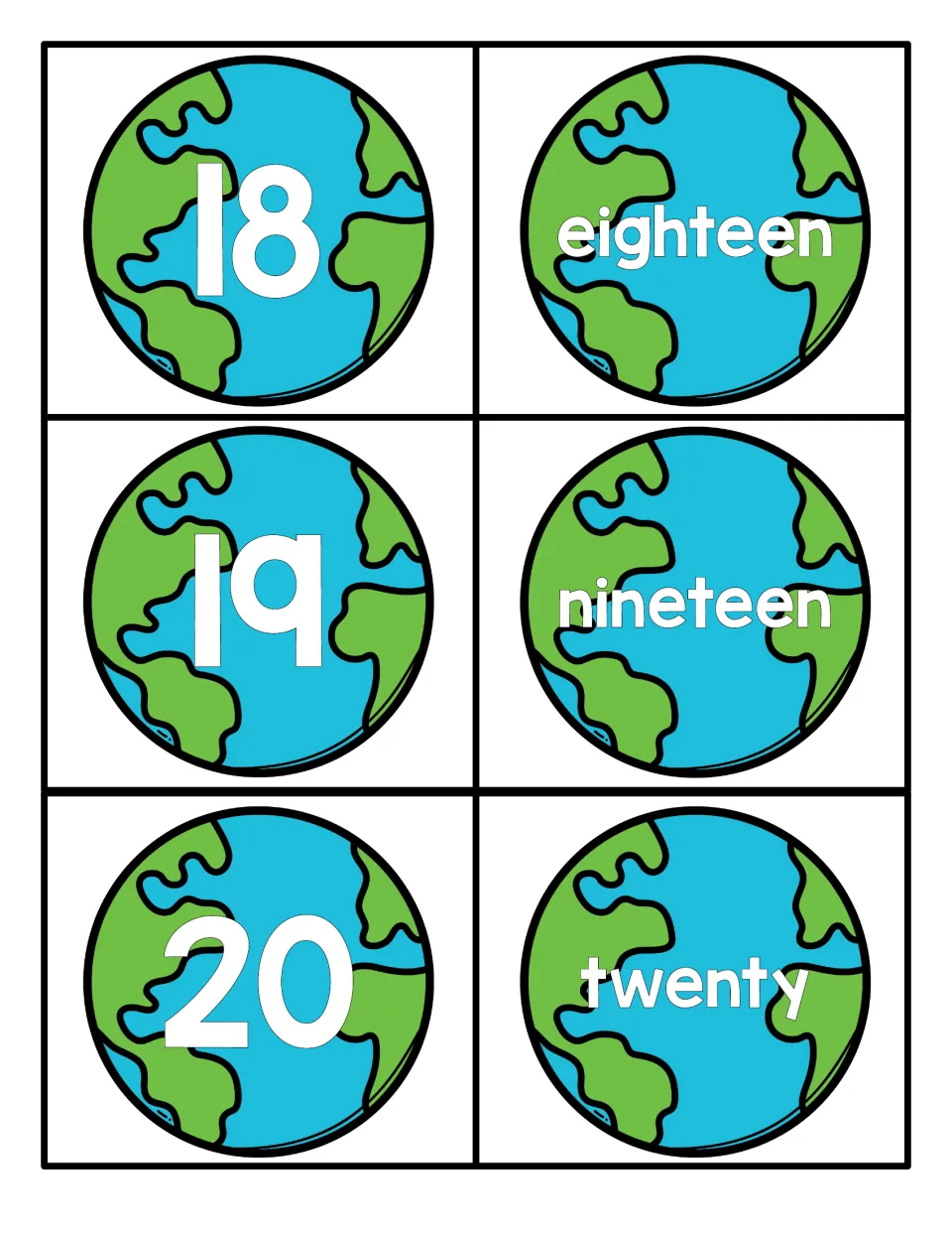 Numbers 18 to 20 on Earth globe cards: numerals 18, 19 and 20 next to eighteen, nineteen and twenty for matching practice