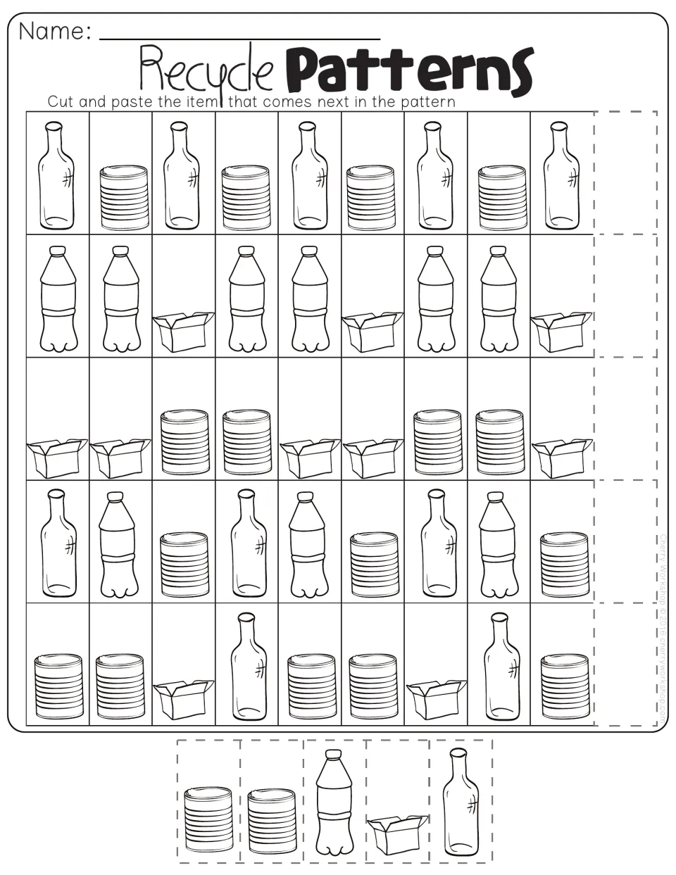 Recycle Patterns: students cut and paste the can, bottle or box that comes next in each of five repeating patterns