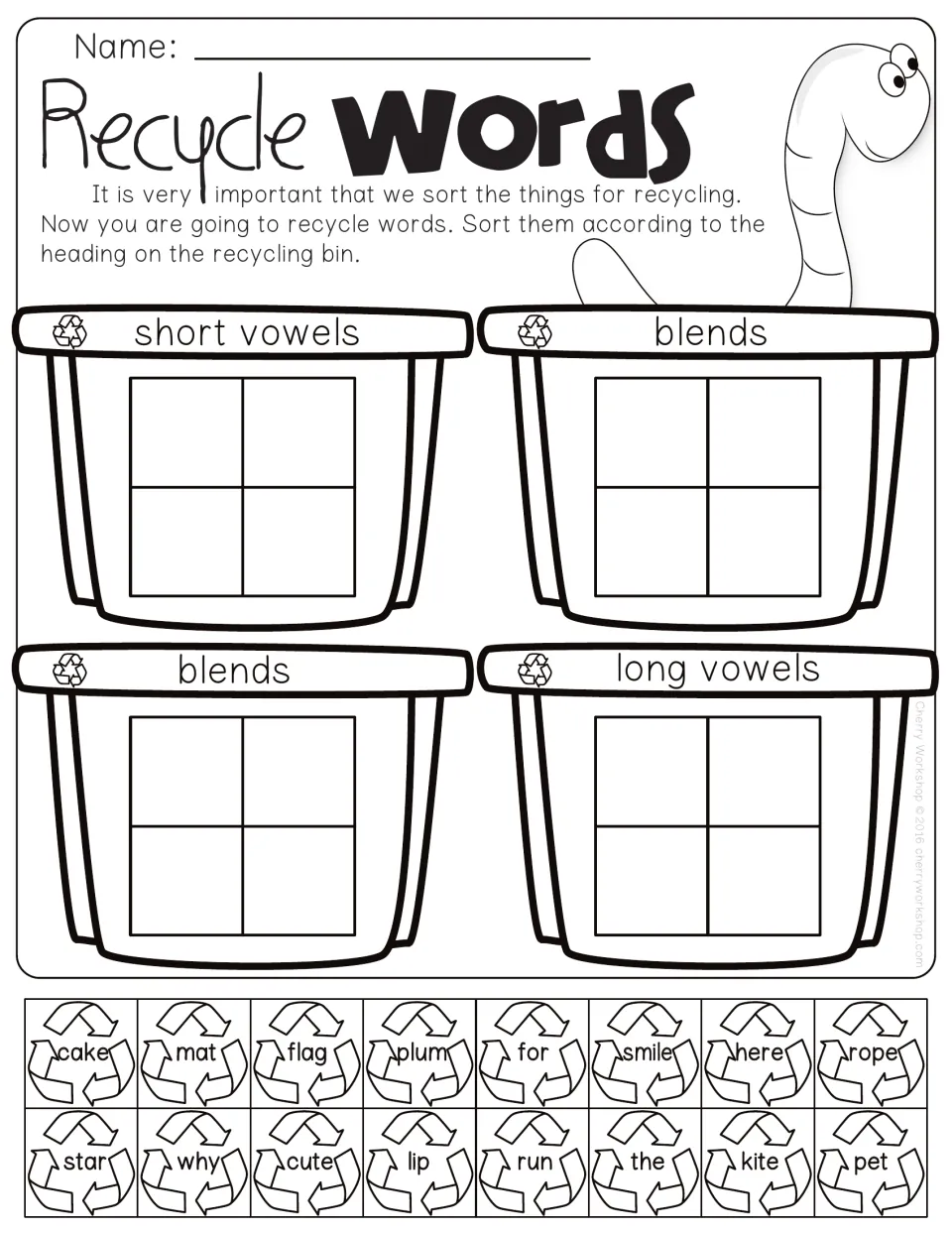 Recycle Words sort: students cut out 16 word tiles and glue them in short vowel, long vowel or blend recycling bins