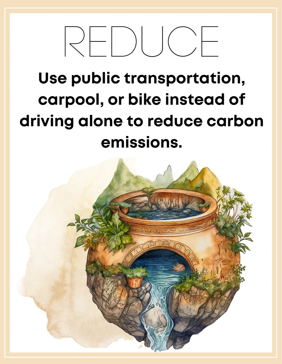 Reduce poster 5 of 7: use public transportation, carpool, or bike instead of driving alone to cut carbon emissions.