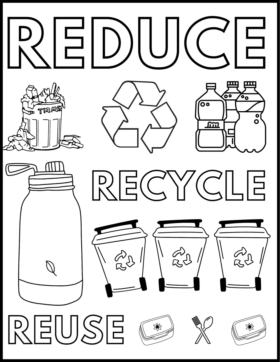 Earth Day coloring page 1: Reduce, Recycle, Reuse, with a reusable bottle, plastic bottles, and bins