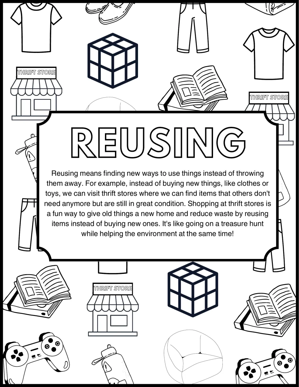 Earth Day coloring page 4: Reusing explains how thrift store purchases give used clothes and toys a new home.