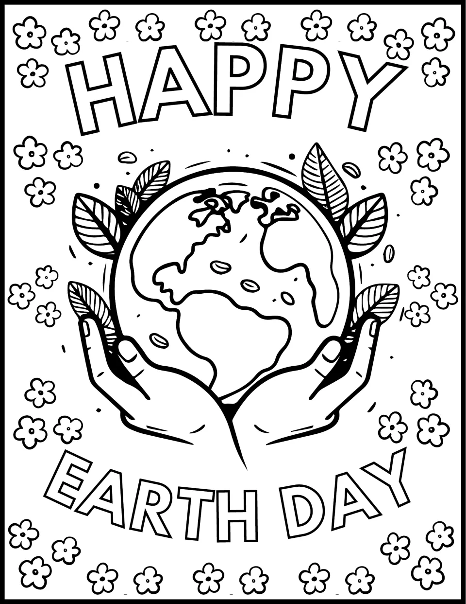 Earth Day coloring page 5: "Happy Earth Day" surrounds a globe held in two hands, with leaves and flowers.