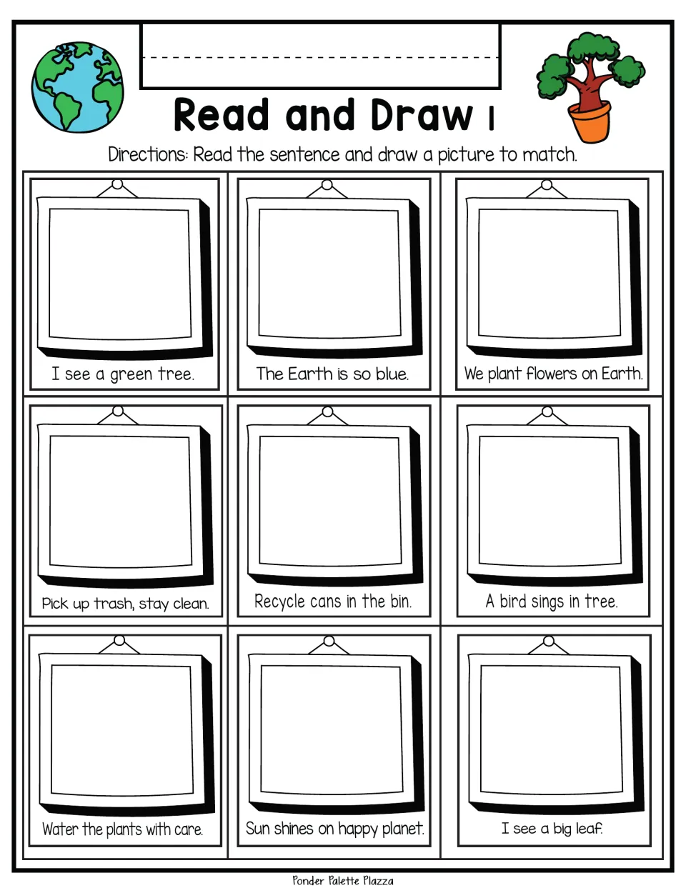Read and Draw 1, Earth Day: students read 9 sentences like "I see a green tree" and draw a matching picture for each