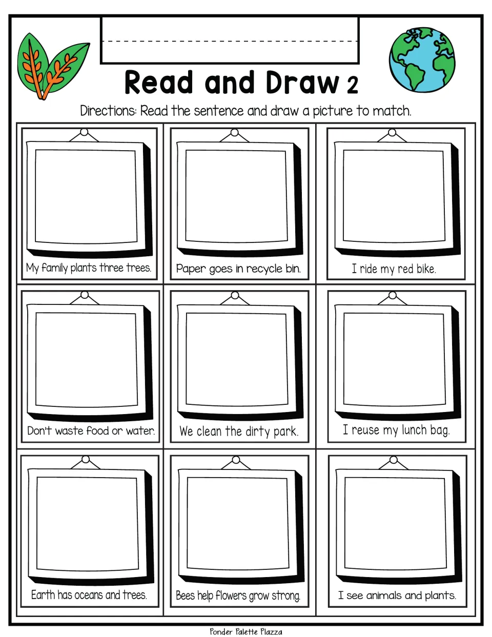 Read and Draw 2: students read 9 Earth care sentences, such as "I reuse my lunch bag," and illustrate each one to match