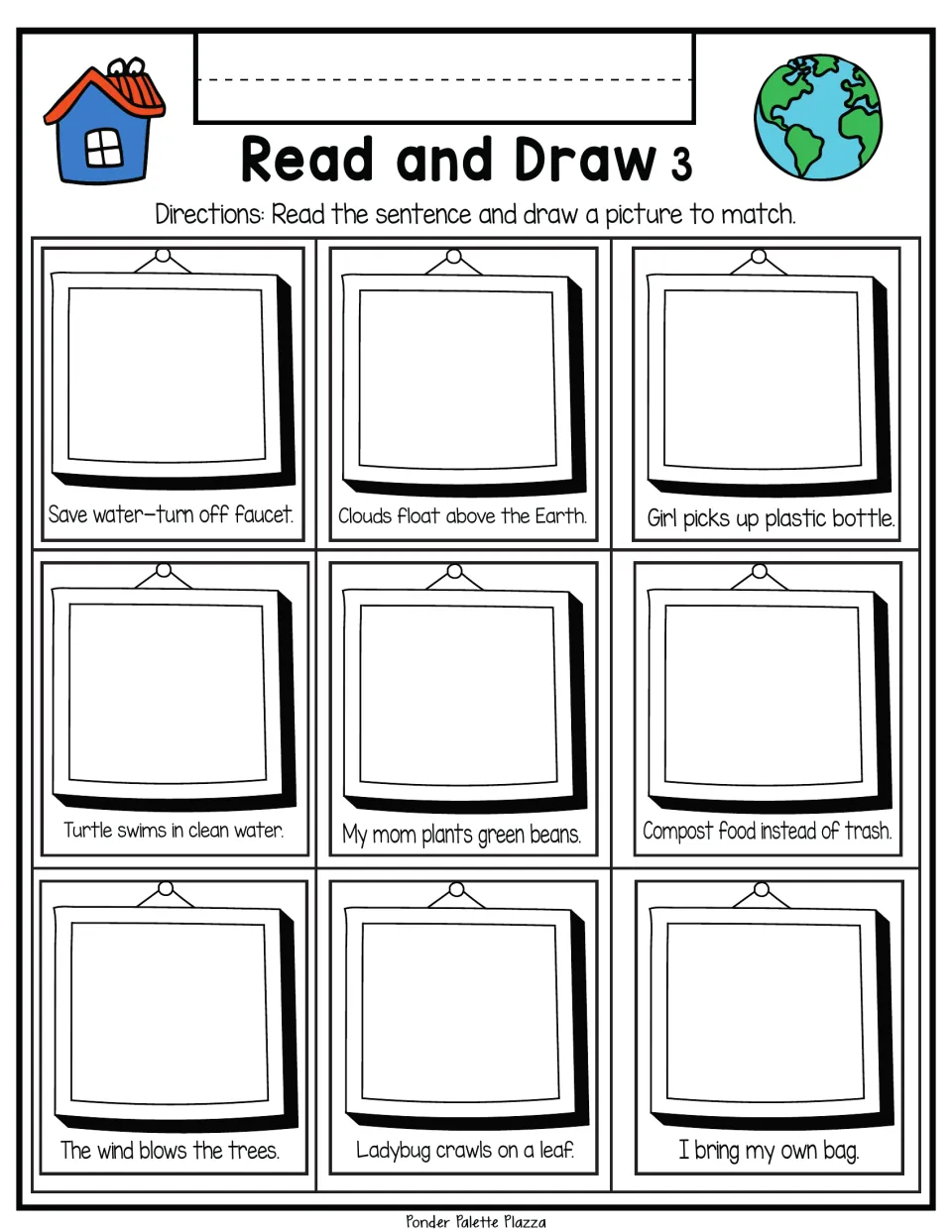 Read and Draw 3: students read 9 nature sentences, such as "Turtle swims in clean water," and draw a picture to match each