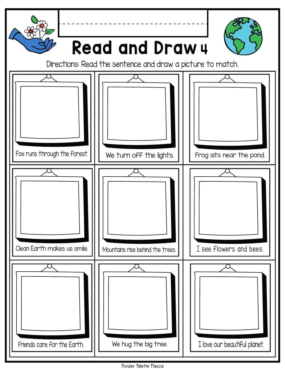 Read and Draw 4: students read 9 sentences about animals and Earth, like "Frog sits near the pond," and draw each scene