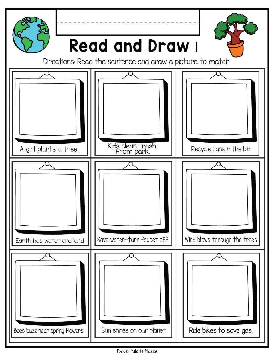 Read and Draw 1: students read nine Earth Day sentences, such as A girl plants a tree, and draw a picture for each
