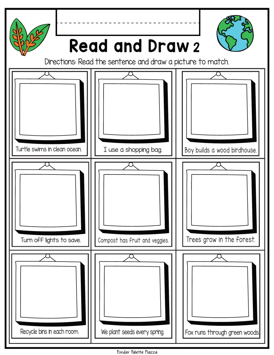 Read and Draw 2: students illustrate nine sentences on caring for nature, from Turtle swims in clean ocean to composting