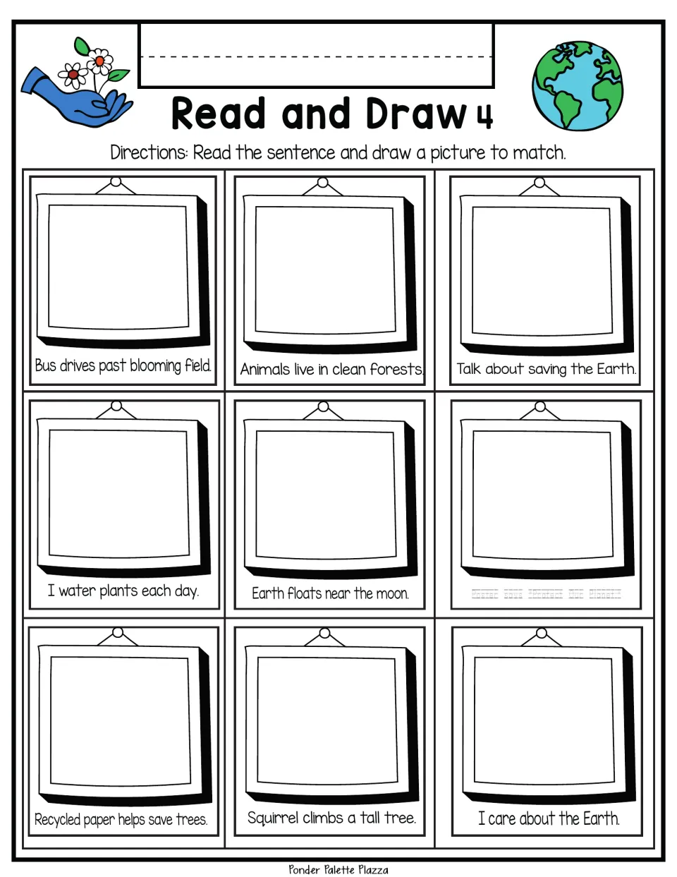 Read and Draw 4: students draw a picture for sentences like Recycled paper helps save trees and I care about the Earth