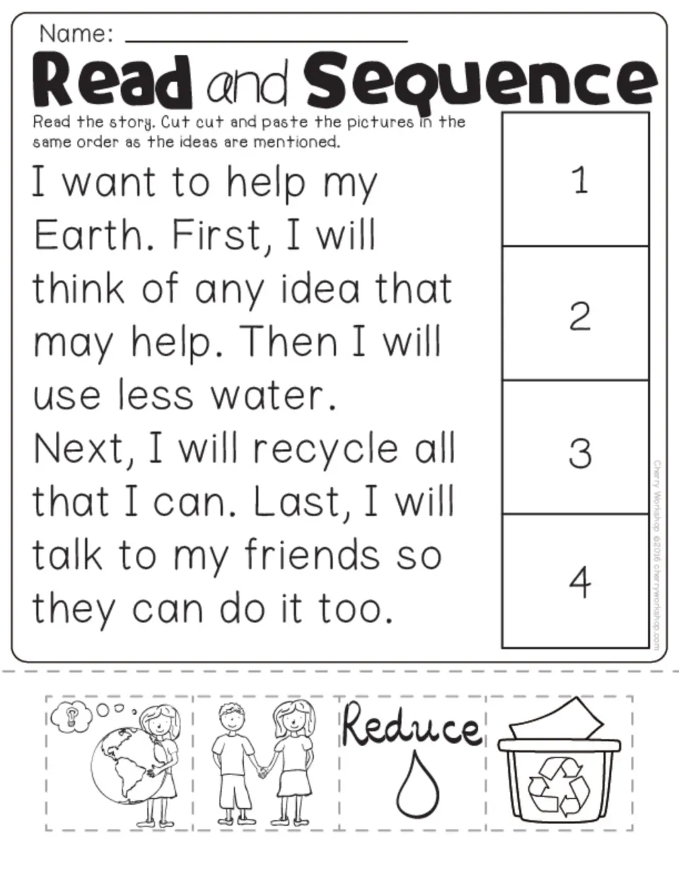 Earth Day sequencing worksheet: read about ideas, saving water, recycling, and friends; order four pictures.