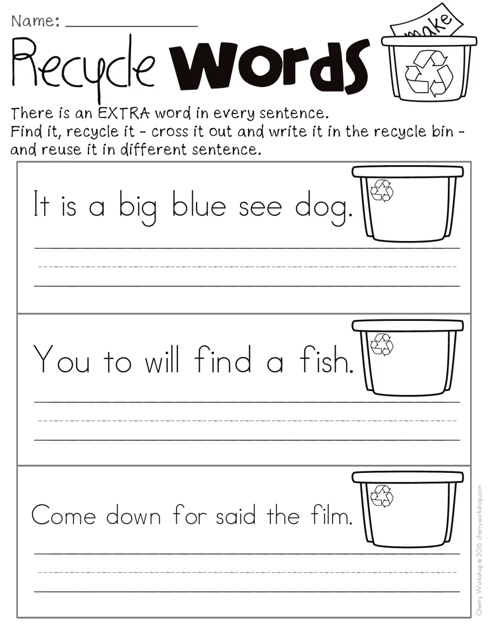 Extra-word practice sentences 1–3 about a big blue dog, finding a fish, and coming down for the film