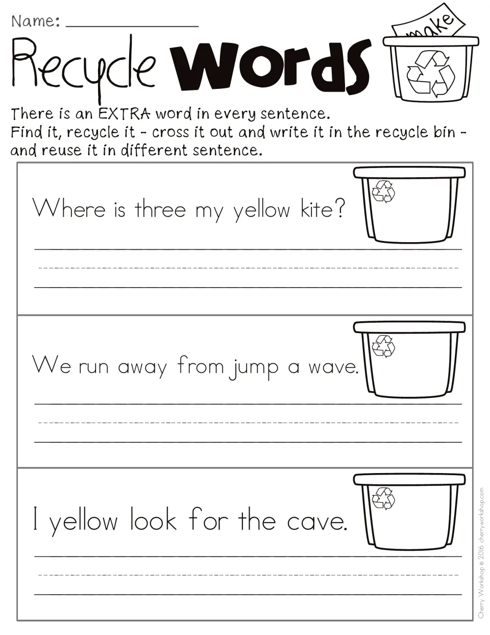 Extra-word practice sentences 4–6 about a yellow kite, running away from a wave, and looking for a cave