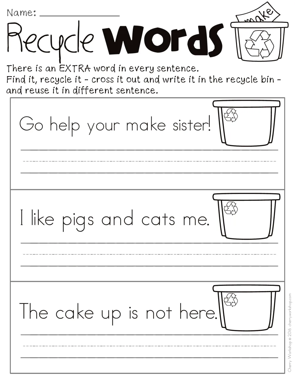 Extra-word practice sentences 7–9 about helping a sister, liking pigs and cats, and a cake that is not here