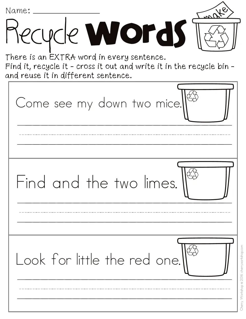 Extra-word practice sentences 16–18 about seeing two mice, finding two limes, and looking for the red one