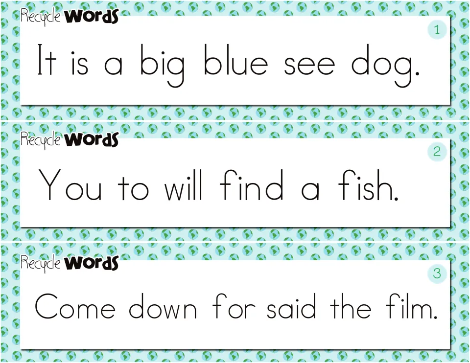 Sentence cards 1–3 of 21 repeat the extra-word sentences about a big blue dog, finding a fish, and a film